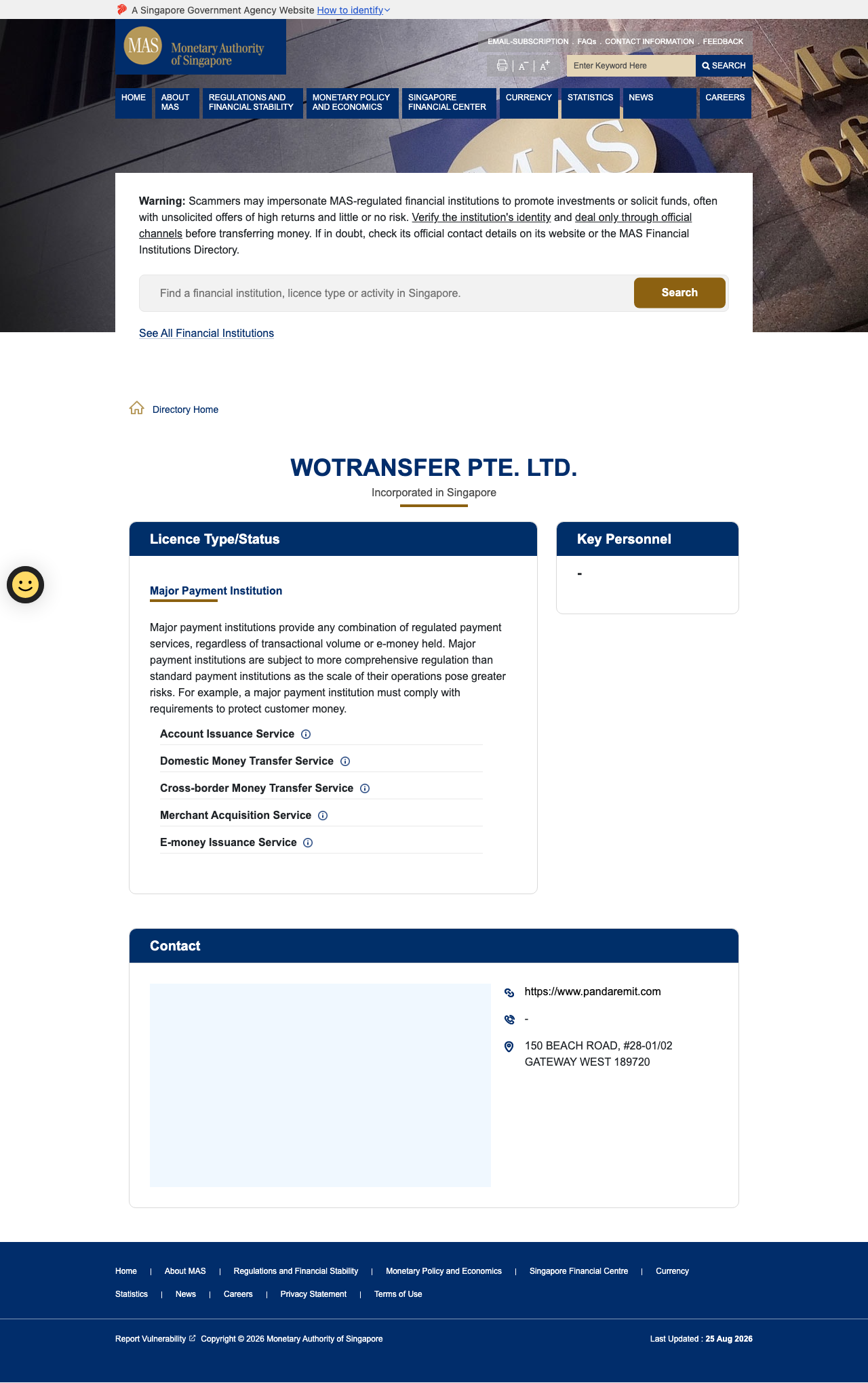 MAS 金融机构目录：WOTRANSFER PTE. LTD. MPI PS20200501